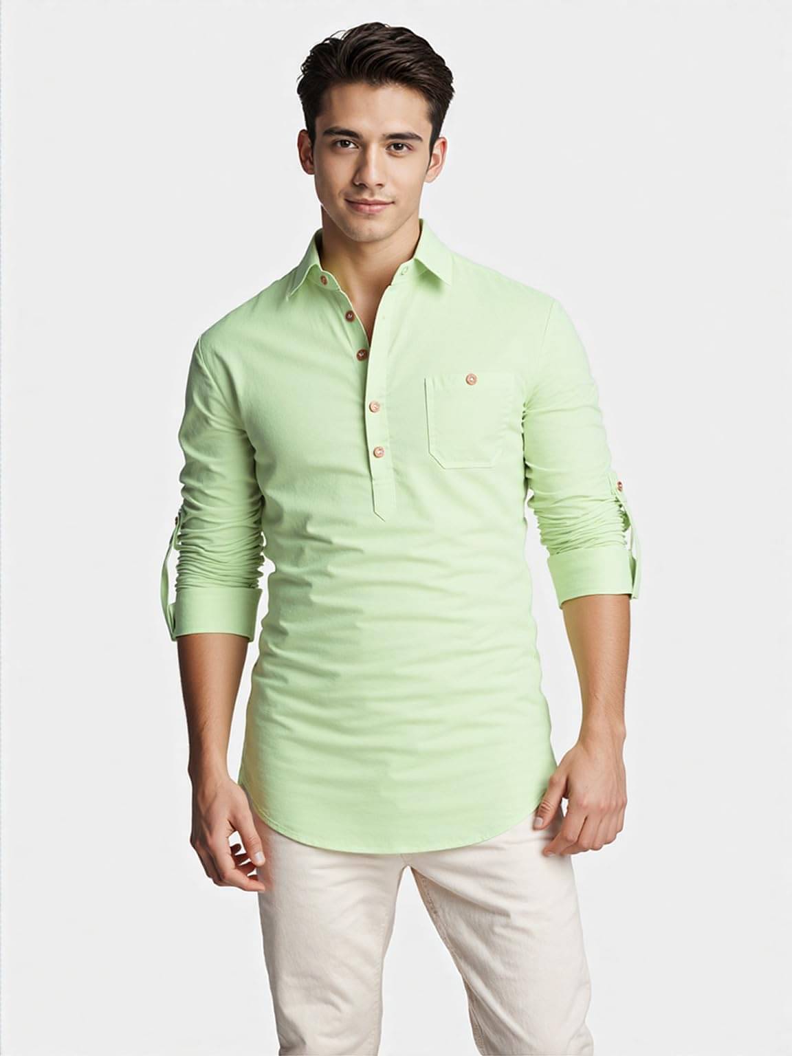 Indirae Sea Green Cotton Blend Men's Shirt Style Kurta ( Pack of 1 ) Indirae Sea Green Cotton Blend Men's Shirt Style Kurta ( Pack of 1 )