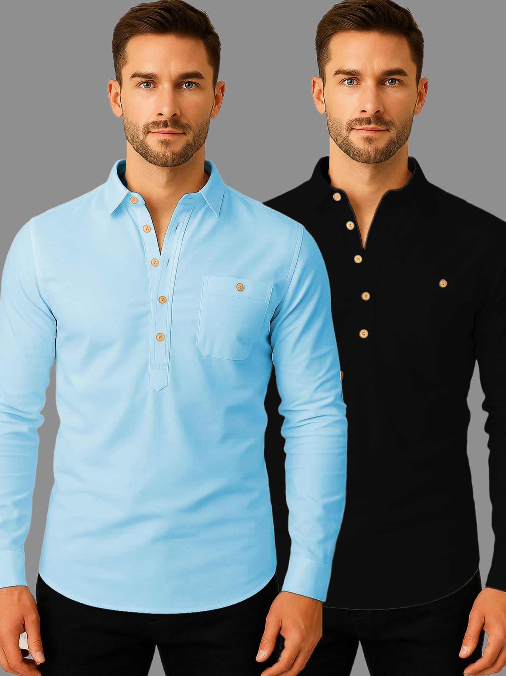 Indirae Sky Blue Cotton Blend Men's Shirt Style Kurta ( Pack of 2 ) Indirae Sky Blue Cotton Blend Men's Shirt Style Kurta ( Pack of 2 )