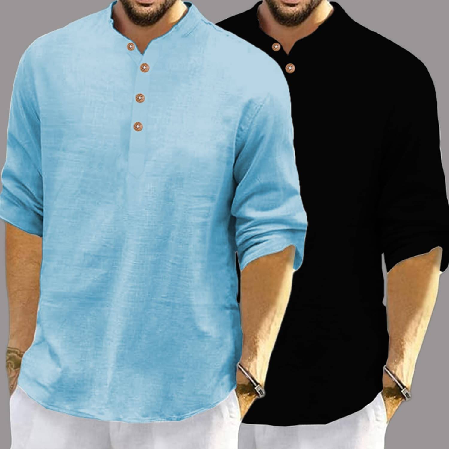 Indirae Sky Blue Cotton Blend Men's Shirt Style Kurta ( Pack of 2 ) Indirae Sky Blue Cotton Blend Men's Shirt Style Kurta ( Pack of 2 )