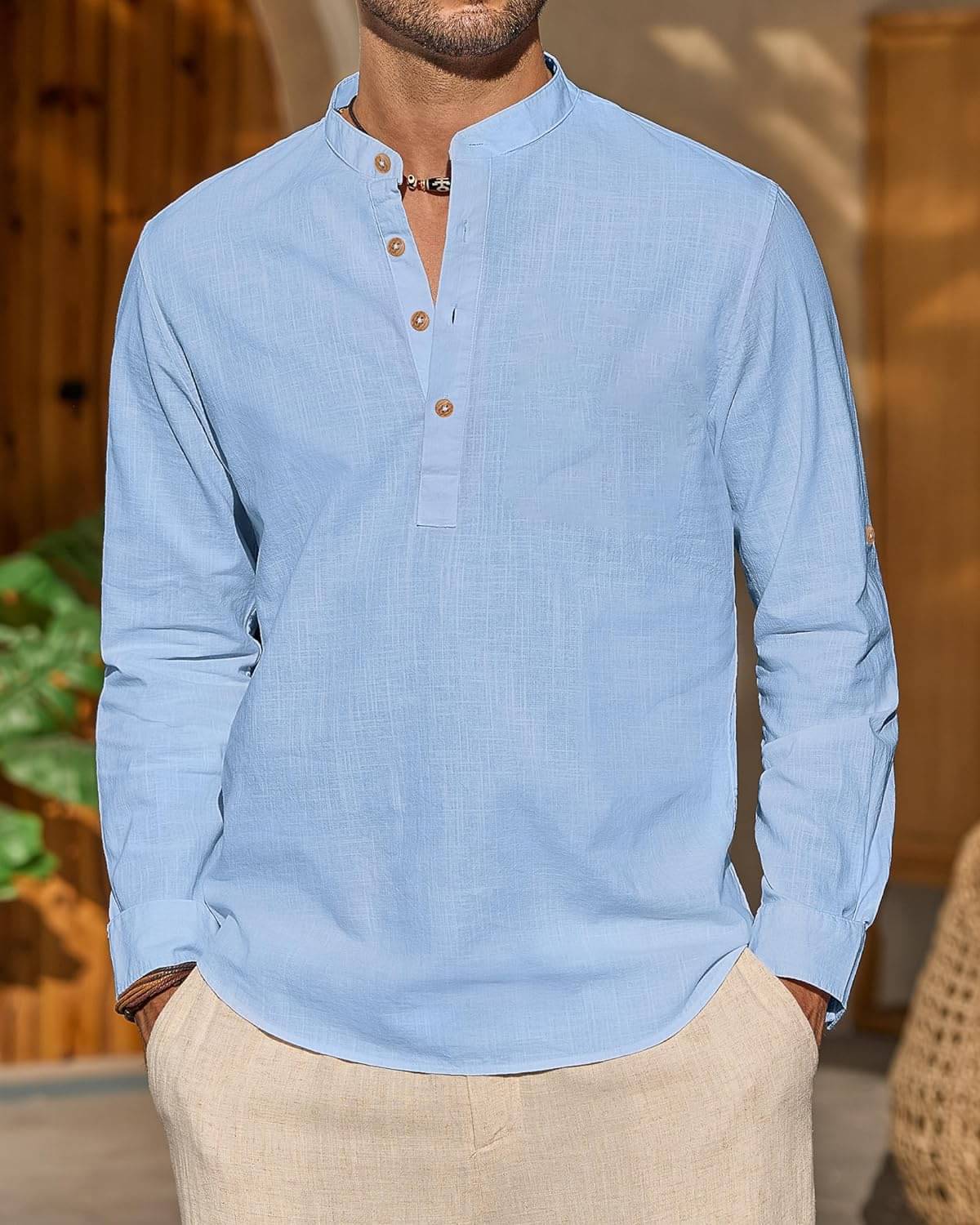 Indirae Sky Blue Cotton Blend Men's Shirt Style Kurta ( Pack of 1 ) Indirae Sky Blue Cotton Blend Men's Shirt Style Kurta ( Pack of 1 )
