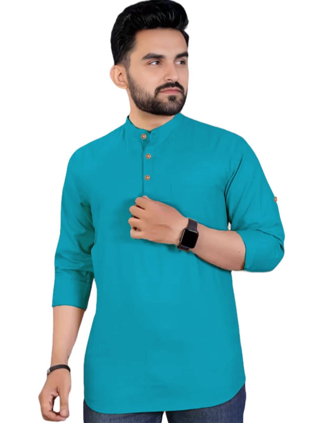 Indirae Turquoise Cotton Blend Men's Shirt Style Kurta ( Pack of 1 ) Indirae Turquoise Cotton Blend Men's Shirt Style Kurta ( Pack of 1 )