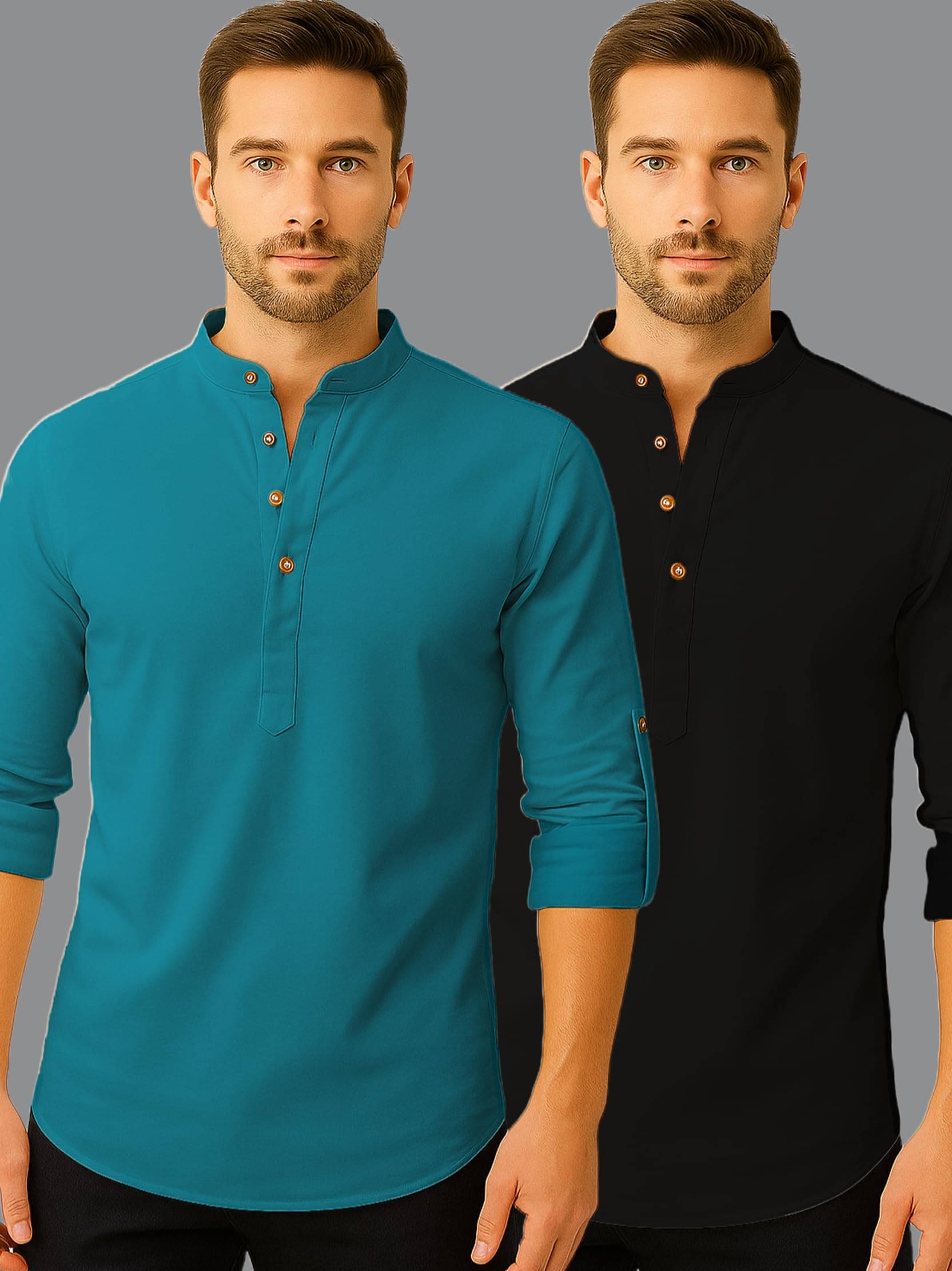 Indirae Turquoise Cotton Blend Men's Shirt Style Kurta ( Pack of 2 )     			Indirae Turquoise Cotton Blend Men's Shirt Style Kurta ( Pack of 2 )
