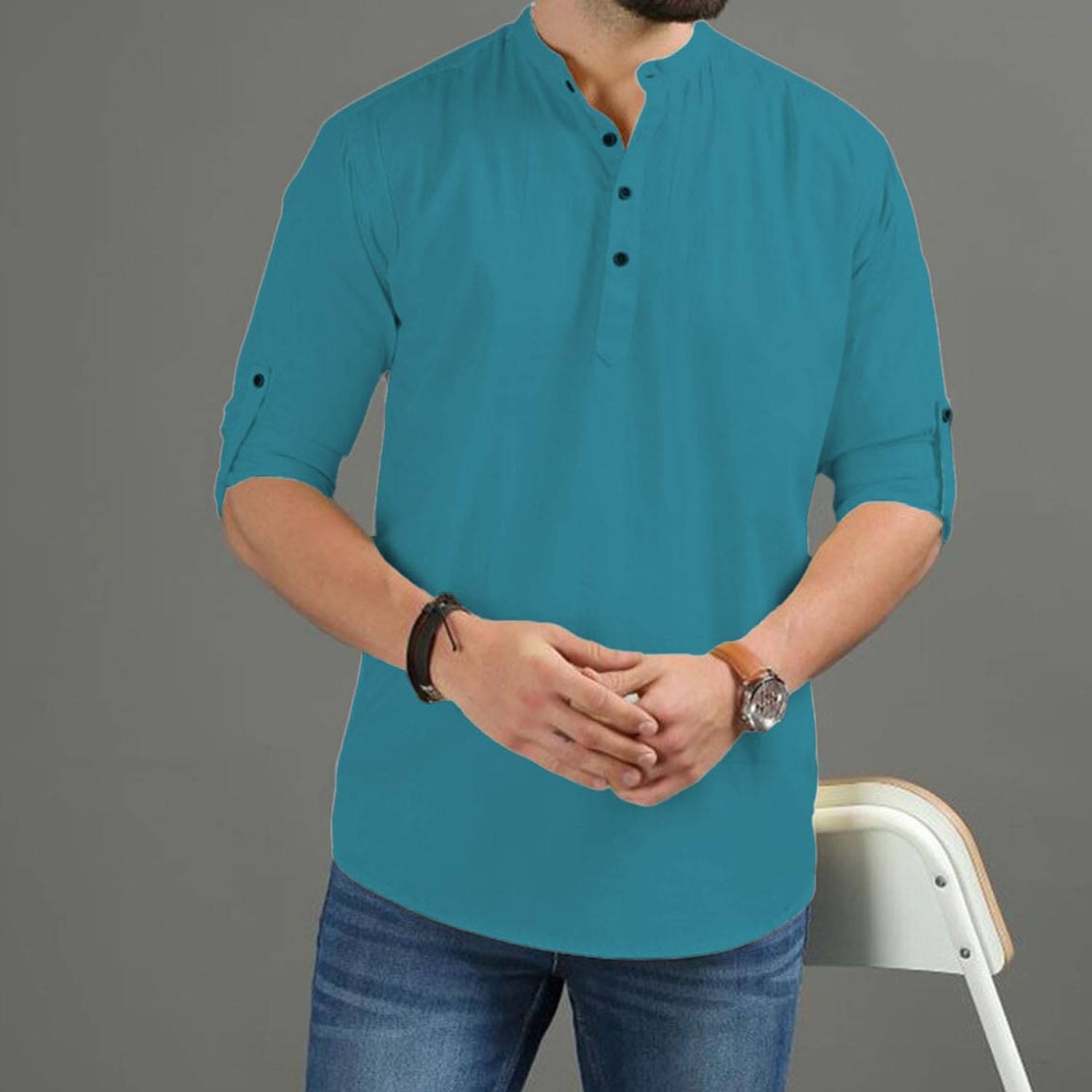 Indirae Turquoise Cotton Blend Men's Shirt Style Kurta ( Pack of 1 )     			Indirae Turquoise Cotton Blend Men's Shirt Style Kurta ( Pack of 1 )