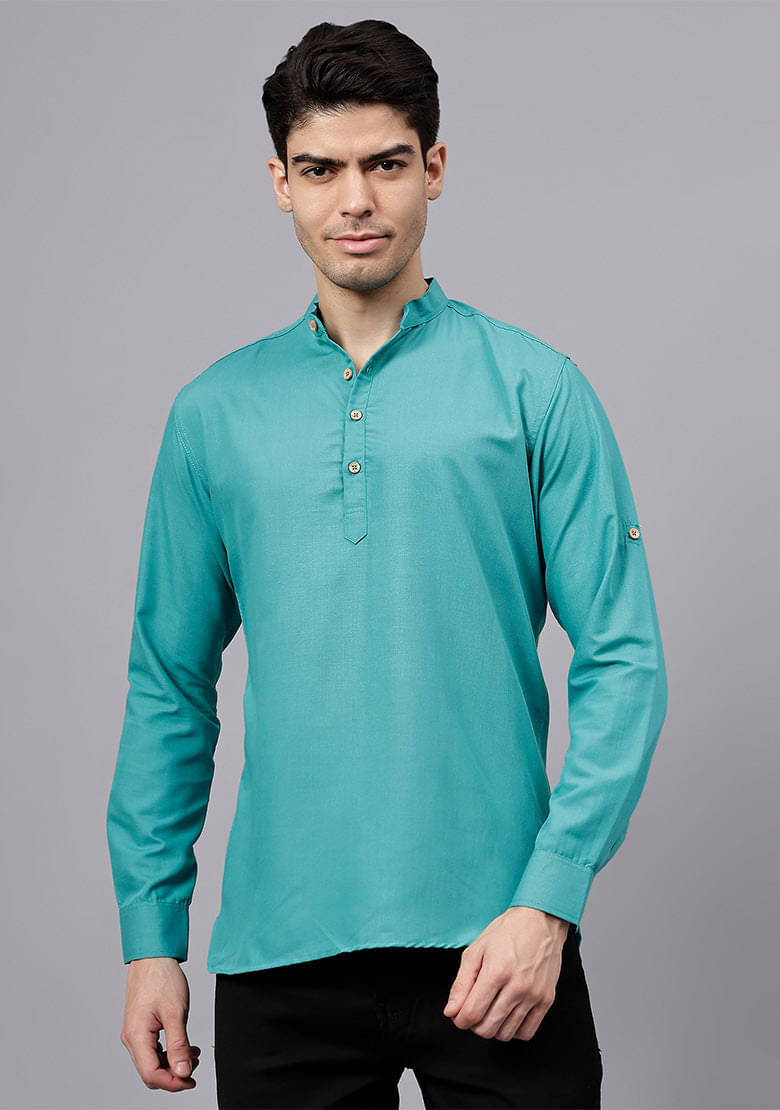 Indirae Turquoise Cotton Blend Men's Shirt Style Kurta ( Pack of 1 )     			Indirae Turquoise Cotton Blend Men's Shirt Style Kurta ( Pack of 1 )