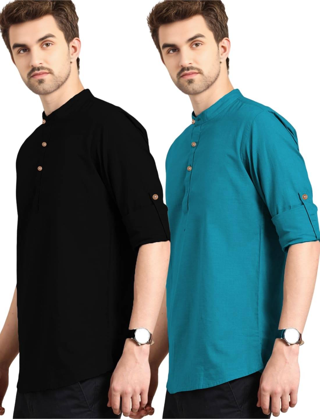 Indirae Turquoise Cotton Blend Men's Shirt Style Kurta ( Pack of 2 ) Indirae Turquoise Cotton Blend Men's Shirt Style Kurta ( Pack of 2 )