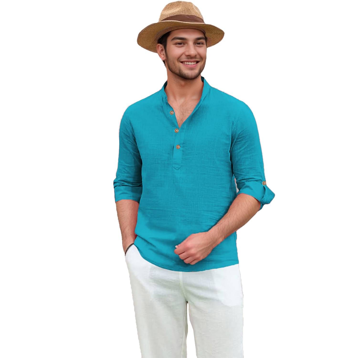 Indirae Turquoise Cotton Blend Men's Shirt Style Kurta ( Pack of 1 ) Indirae Turquoise Cotton Blend Men's Shirt Style Kurta ( Pack of 1 )