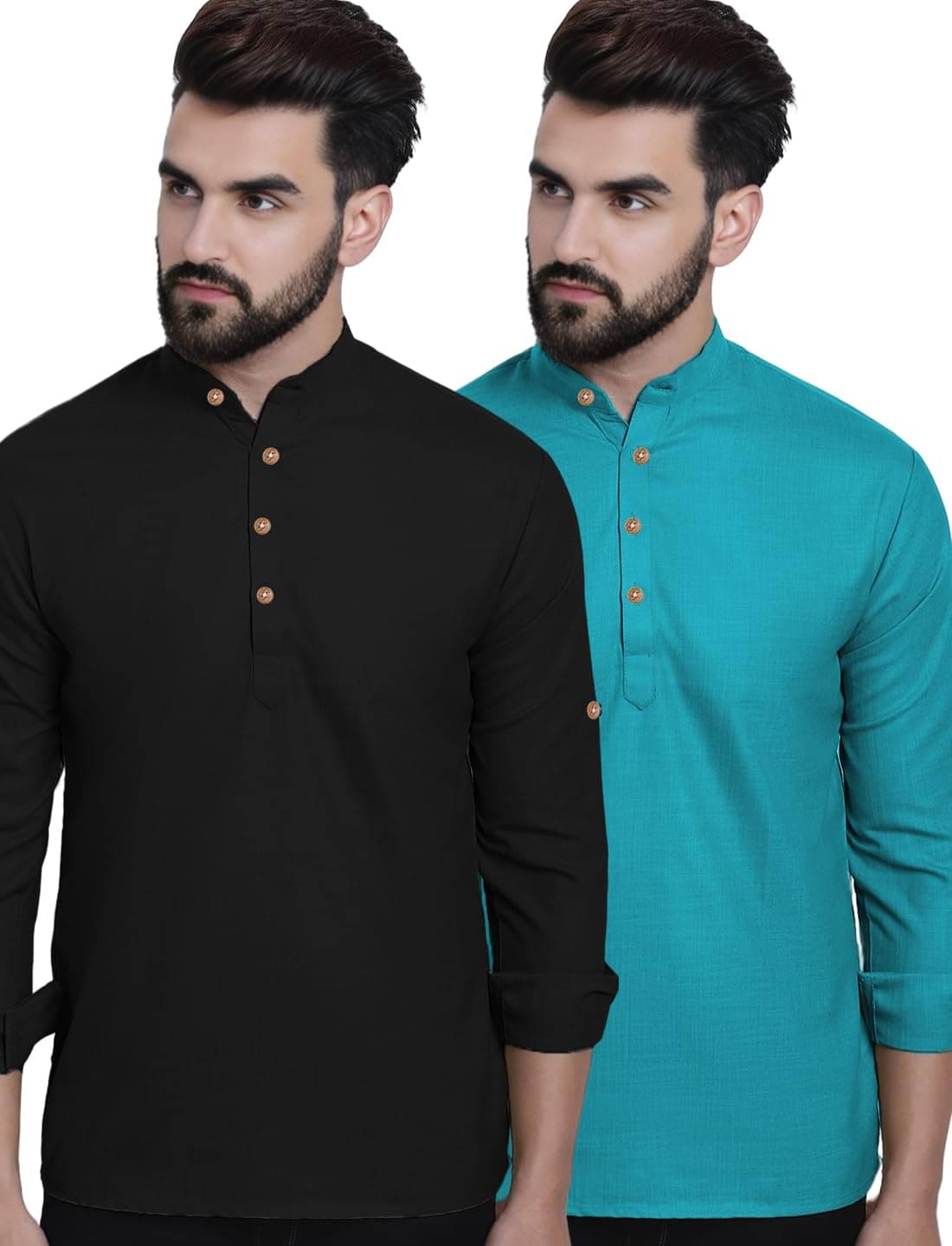 Indirae Turquoise Cotton Blend Men's Shirt Style Kurta ( Pack of 2 ) Indirae Turquoise Cotton Blend Men's Shirt Style Kurta ( Pack of 2 )