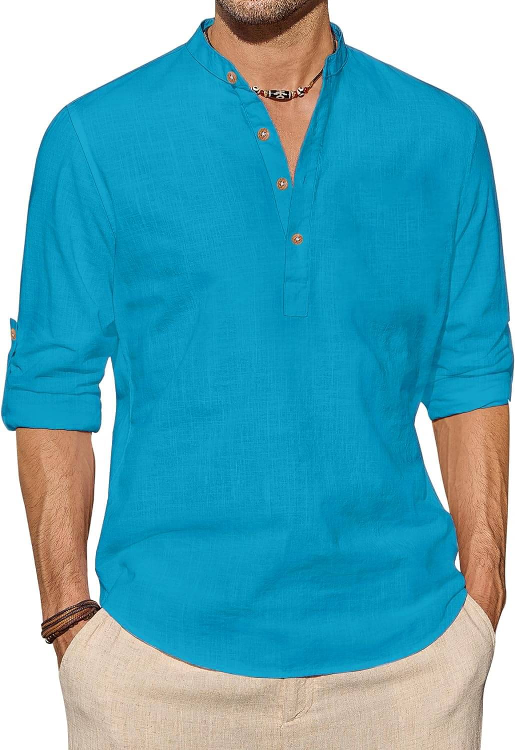     			Indirae Turquoise Cotton Blend Men's Shirt Style Kurta ( Pack of 1 )