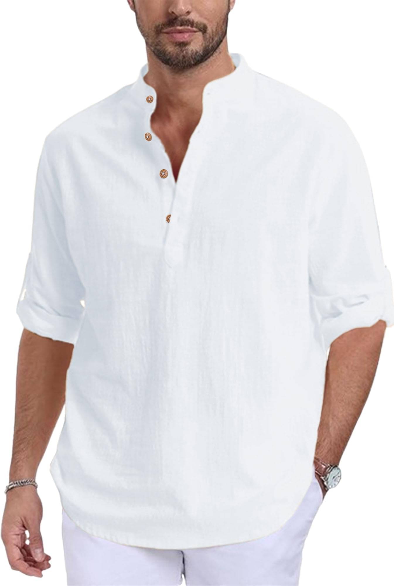     			Indirae White Cotton Blend Men's Shirt Style Kurta ( Pack of 1 )