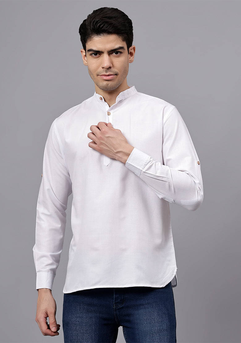 Indirae White Cotton Blend Men's Shirt Style Kurta ( Pack of 1 ) Indirae White Cotton Blend Men's Shirt Style Kurta ( Pack of 1 )