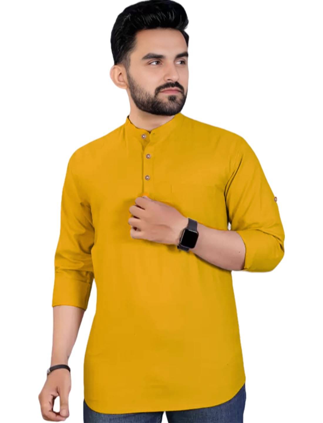 Indirae Yellow Cotton Blend Men's Shirt Style Kurta ( Pack of 1 )     			Indirae Yellow Cotton Blend Men's Shirt Style Kurta ( Pack of 1 )