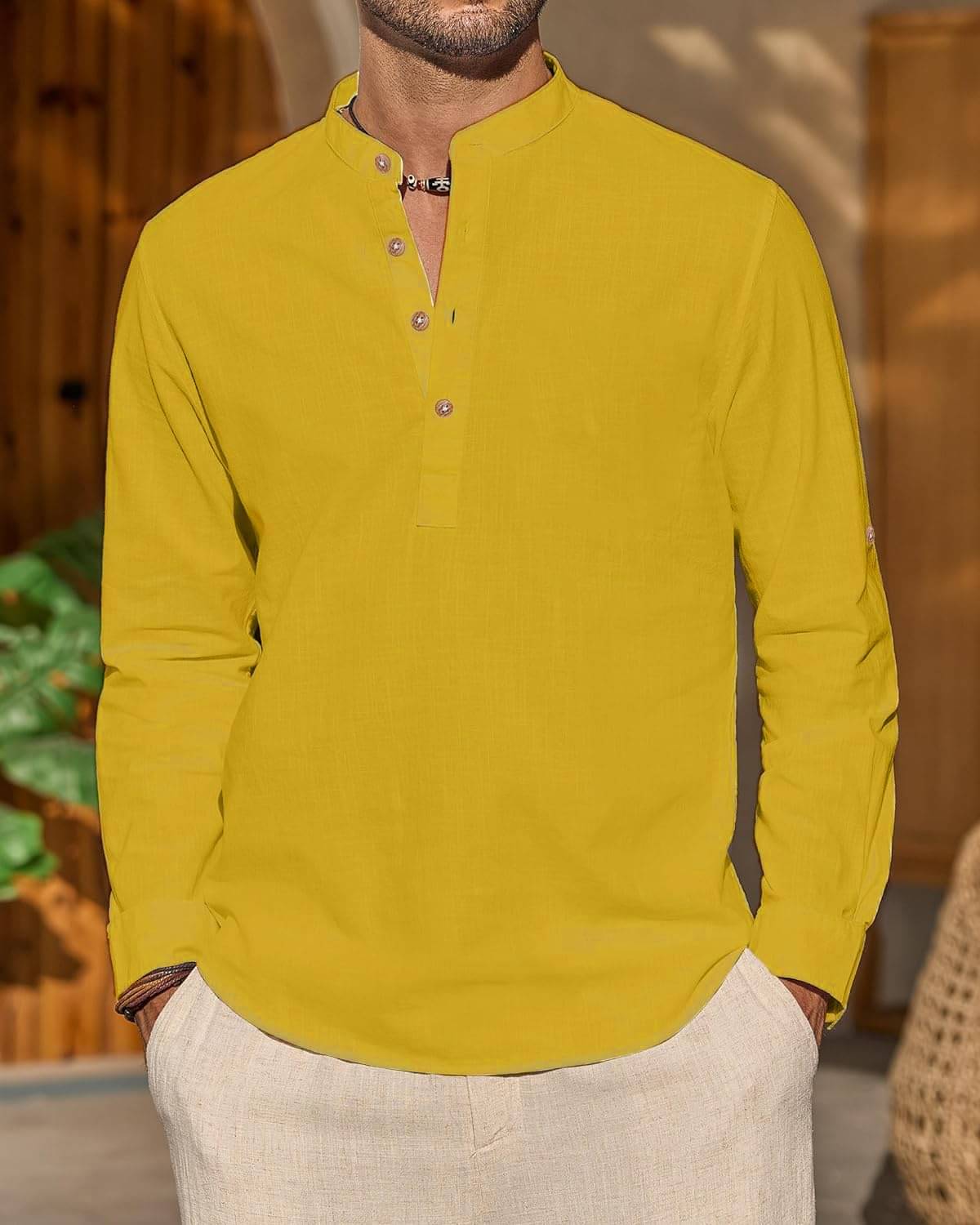 Indirae Yellow Cotton Blend Men's Shirt Style Kurta ( Pack of 1 ) Indirae Yellow Cotton Blend Men's Shirt Style Kurta ( Pack of 1 )