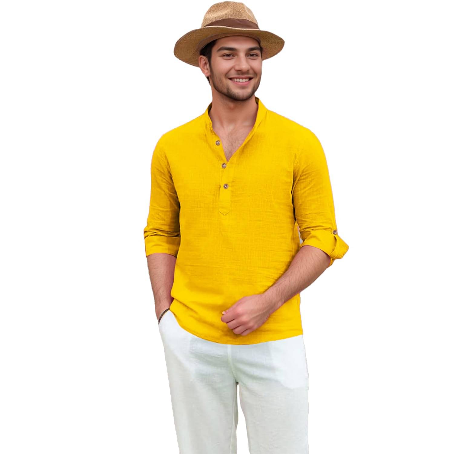 Indirae Yellow Cotton Blend Men's Shirt Style Kurta ( Pack of 1 ) Indirae Yellow Cotton Blend Men's Shirt Style Kurta ( Pack of 1 )