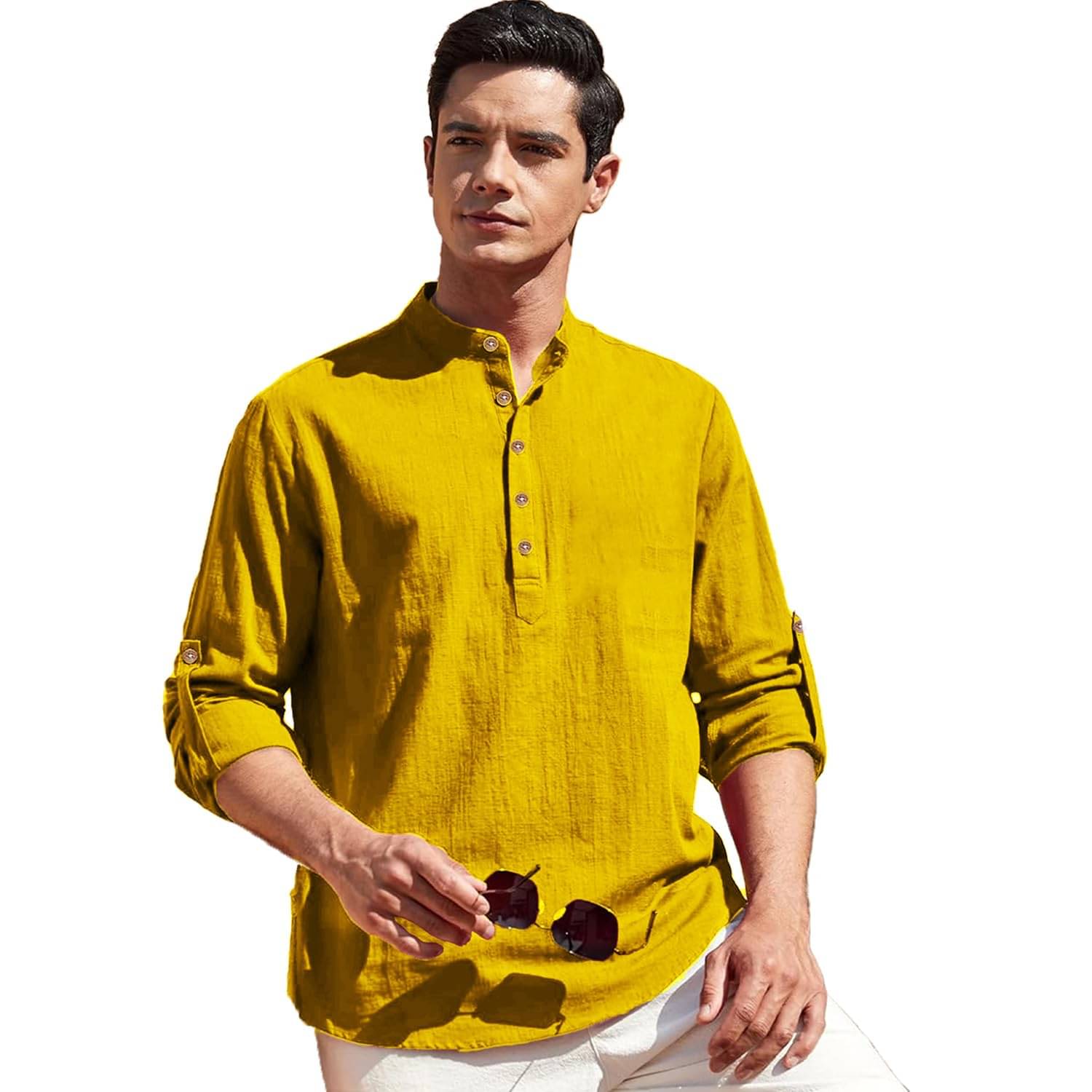 Indirae Yellow Cotton Blend Men's Shirt Style Kurta ( Pack of 1 ) Indirae Yellow Cotton Blend Men's Shirt Style Kurta ( Pack of 1 )