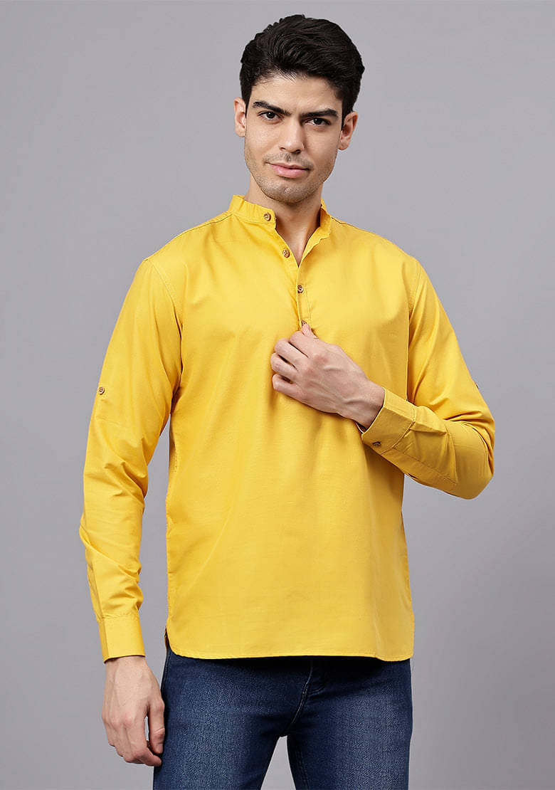 Indirae Yellow Cotton Blend Men's Shirt Style Kurta ( Pack of 1 ) Indirae Yellow Cotton Blend Men's Shirt Style Kurta ( Pack of 1 )