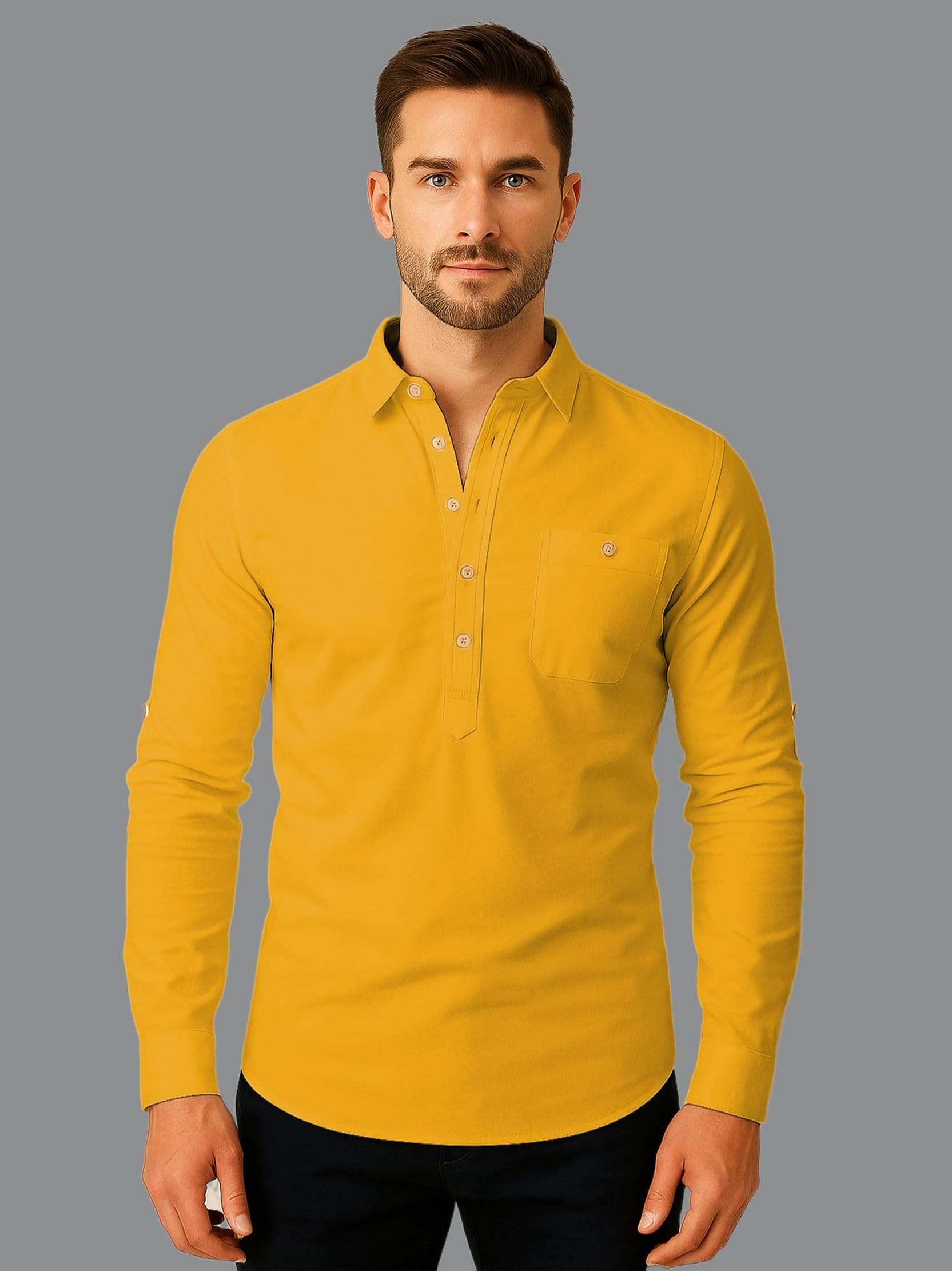 Indirae Yellow Cotton Blend Men's Shirt Style Kurta ( Pack of 1 )     			Indirae Yellow Cotton Blend Men's Shirt Style Kurta ( Pack of 1 )