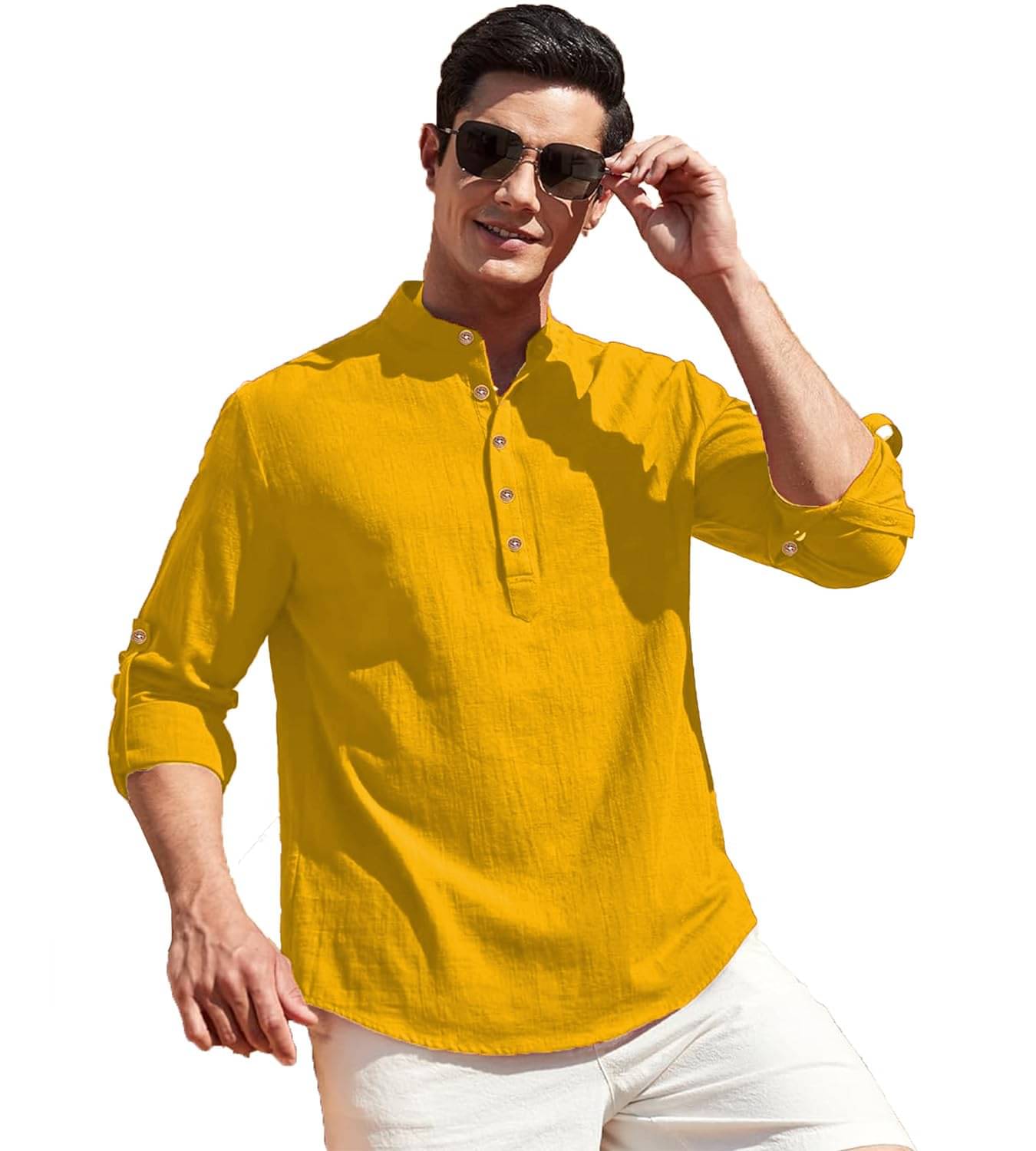 Indirae Yellow Cotton Blend Men's Shirt Style Kurta ( Pack of 1 )     			Indirae Yellow Cotton Blend Men's Shirt Style Kurta ( Pack of 1 )