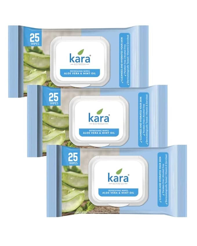Kara Face Wipe Mint Oil & Aloe Vera, 25 Wipes Wet Wipes ( 25 Pcs ) Pack of 3     			Kara Face Wipe Mint Oil & Aloe Vera, 25 Wipes Wet Wipes ( 25 Pcs ) Pack of 3