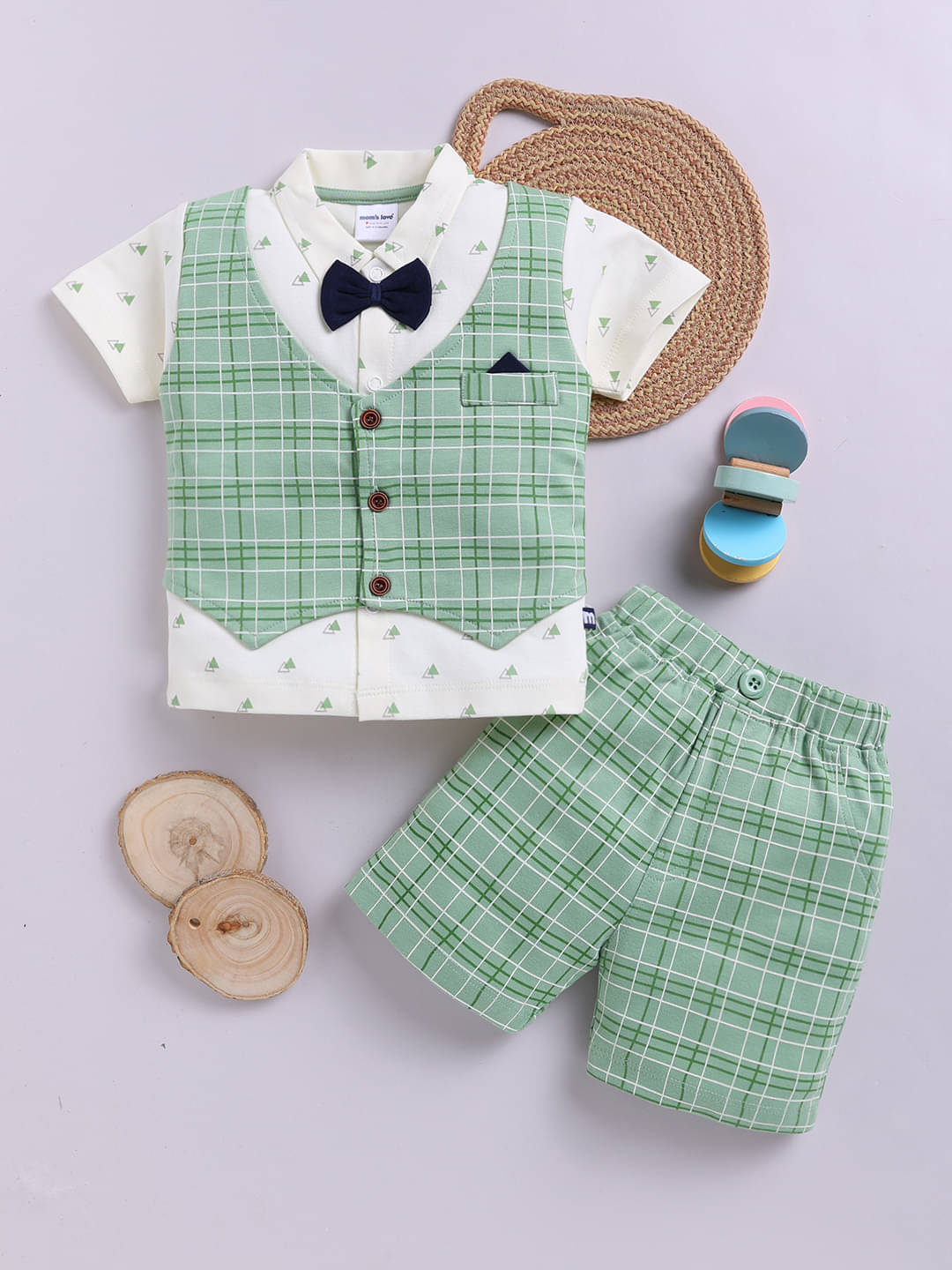     			Mom's Love Checkered Printed Pure Cotton Sets & Suits For Infant Boys (Green, Pack Of 1)