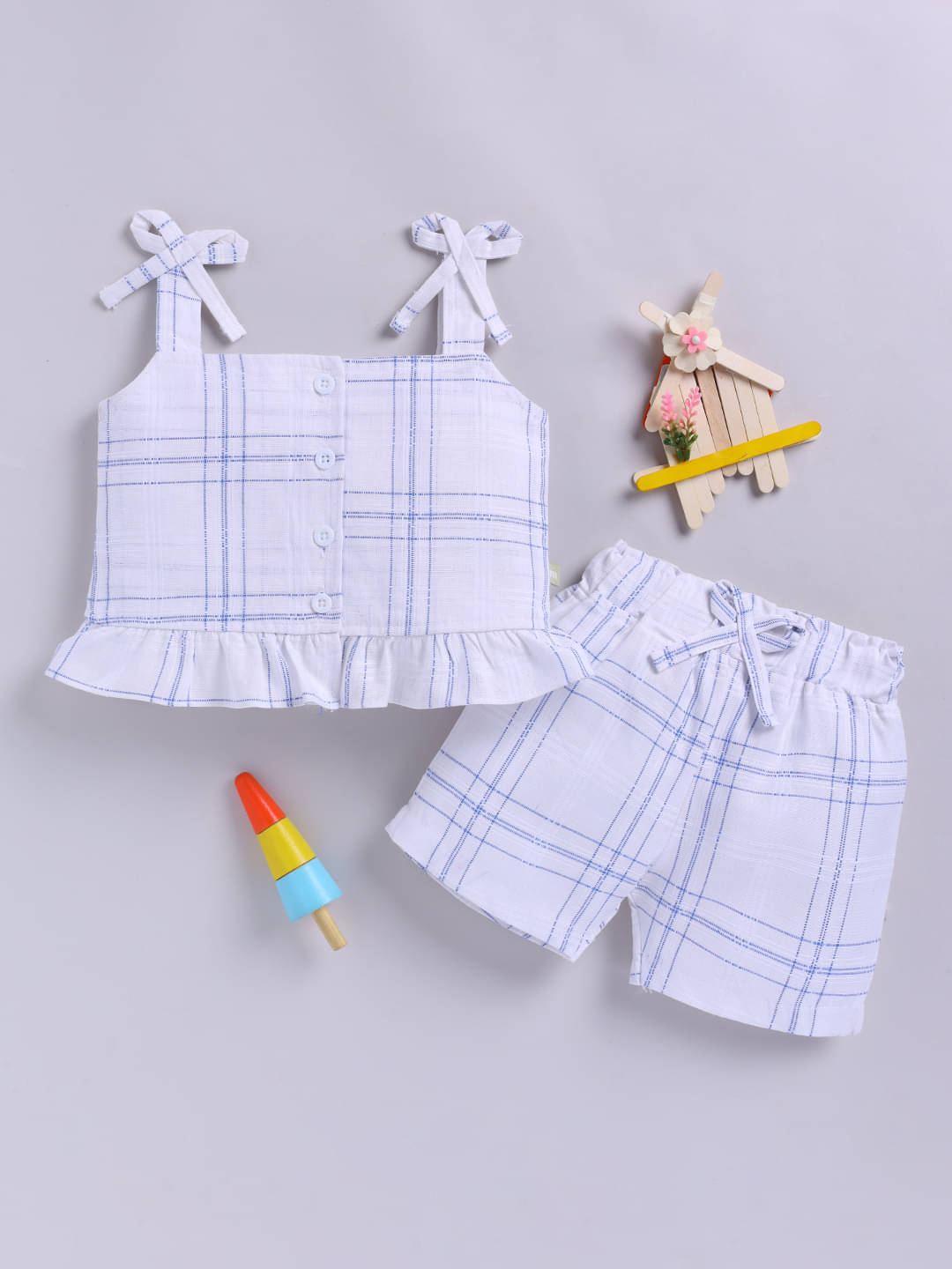     			Mom's Love Checkered Printed Pure Cotton Sets & Suits For Infant Girls (Blue, Pack Of 1)