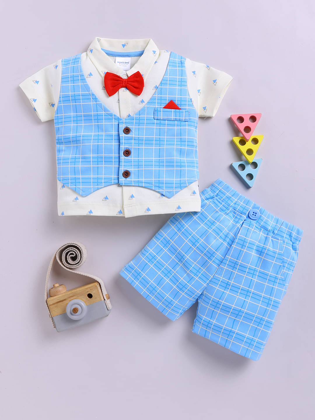     			Mom's Love Checkered Printed Pure Cotton Sets & Suits For Infant Boys (Blue, Pack Of 1)
