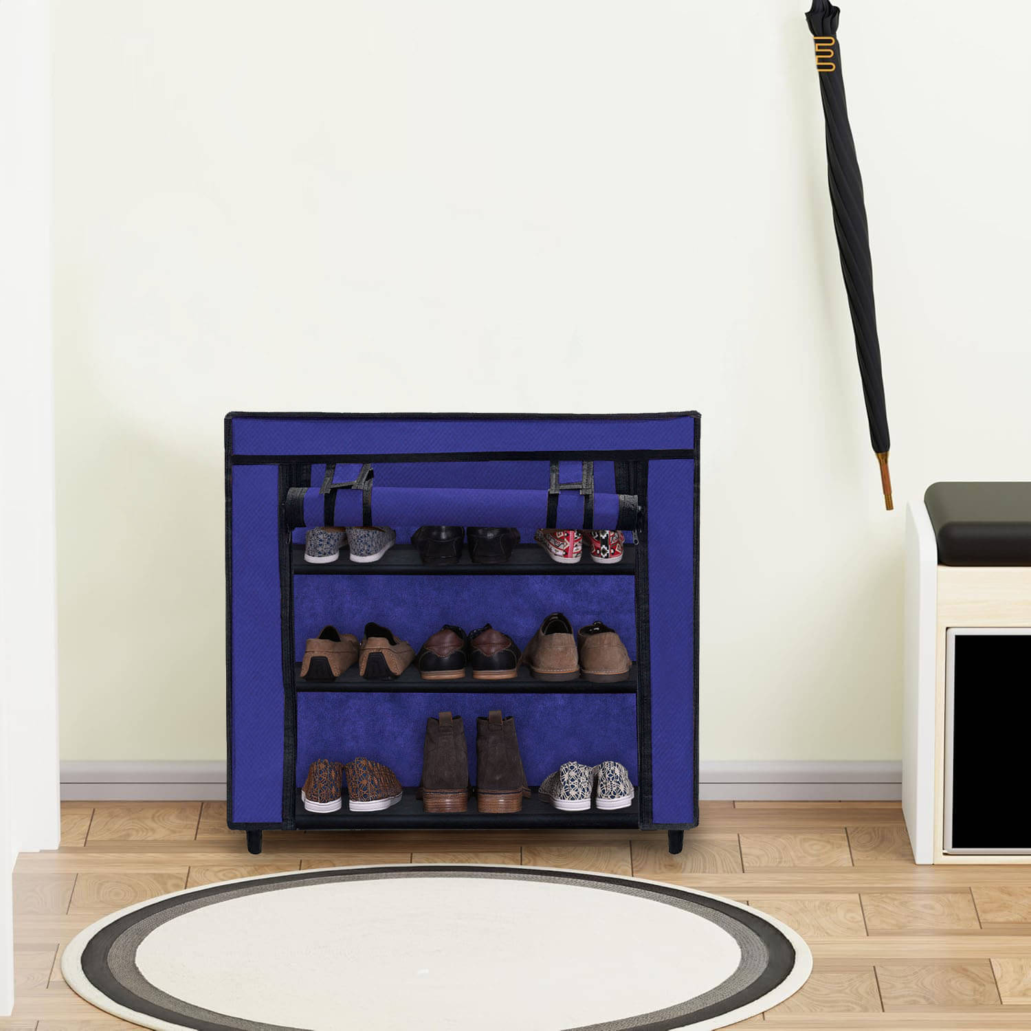     			Non-Woven Fabric Blue Shoe Rack – 3-Tier with Easy Assembly