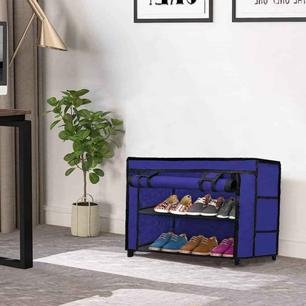     			Premium Quality Heavy-Duty Fabric 2 Shelves Blue Shoe Rack