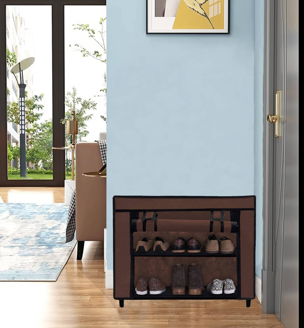     			Shoe Rack with Fabric Shelves  2-Tier Brown Closet Organizer