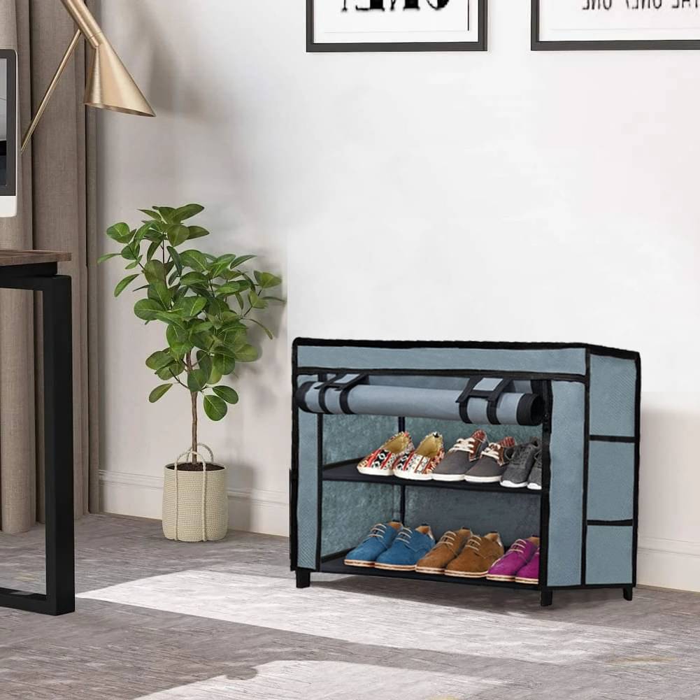     			Shoe Rack with Fabric Shelves  2-Tier Grey Closet Organizer