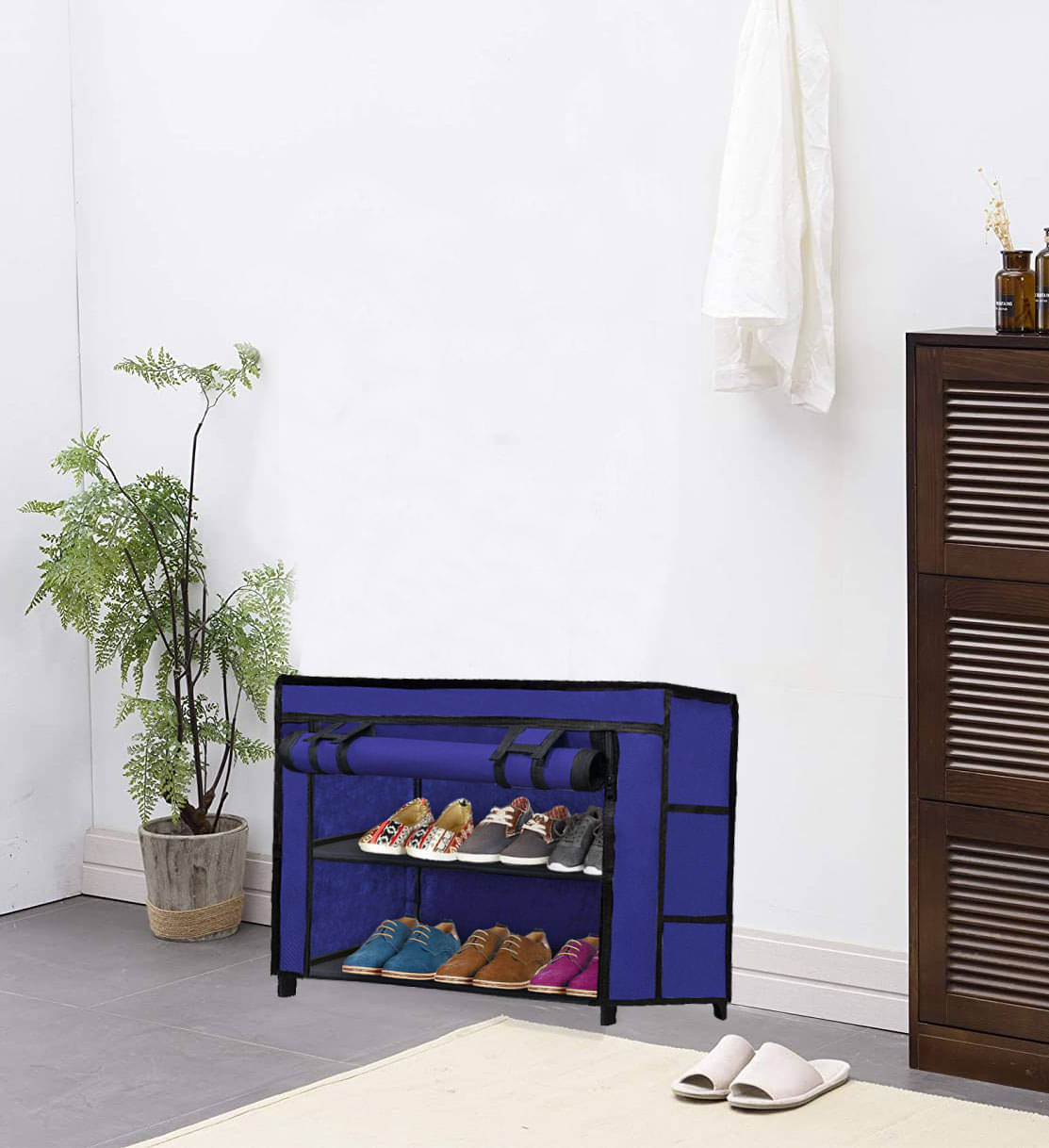     			Shoe Rack with Fabric Shelves – 2-Tier Blue Closet Organizer