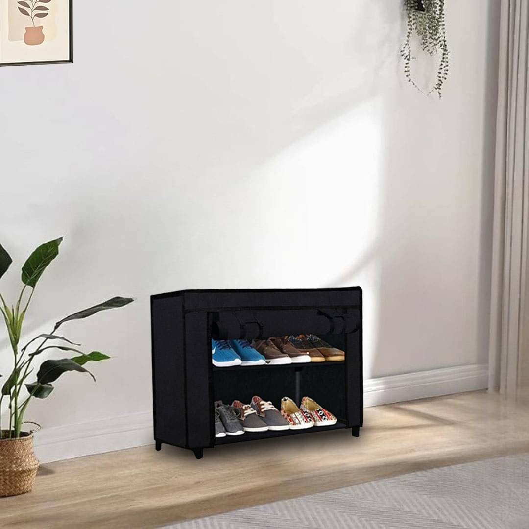     			Shoe Rack with Fabric Shelves – 2-Tier Black Closet Organizer