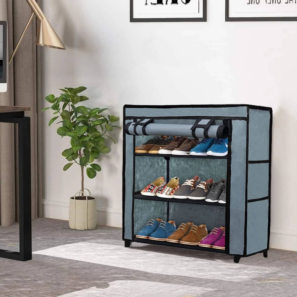     			Shoe Rack with Fabric Shelves 3-Tier Grey Closet Organizer