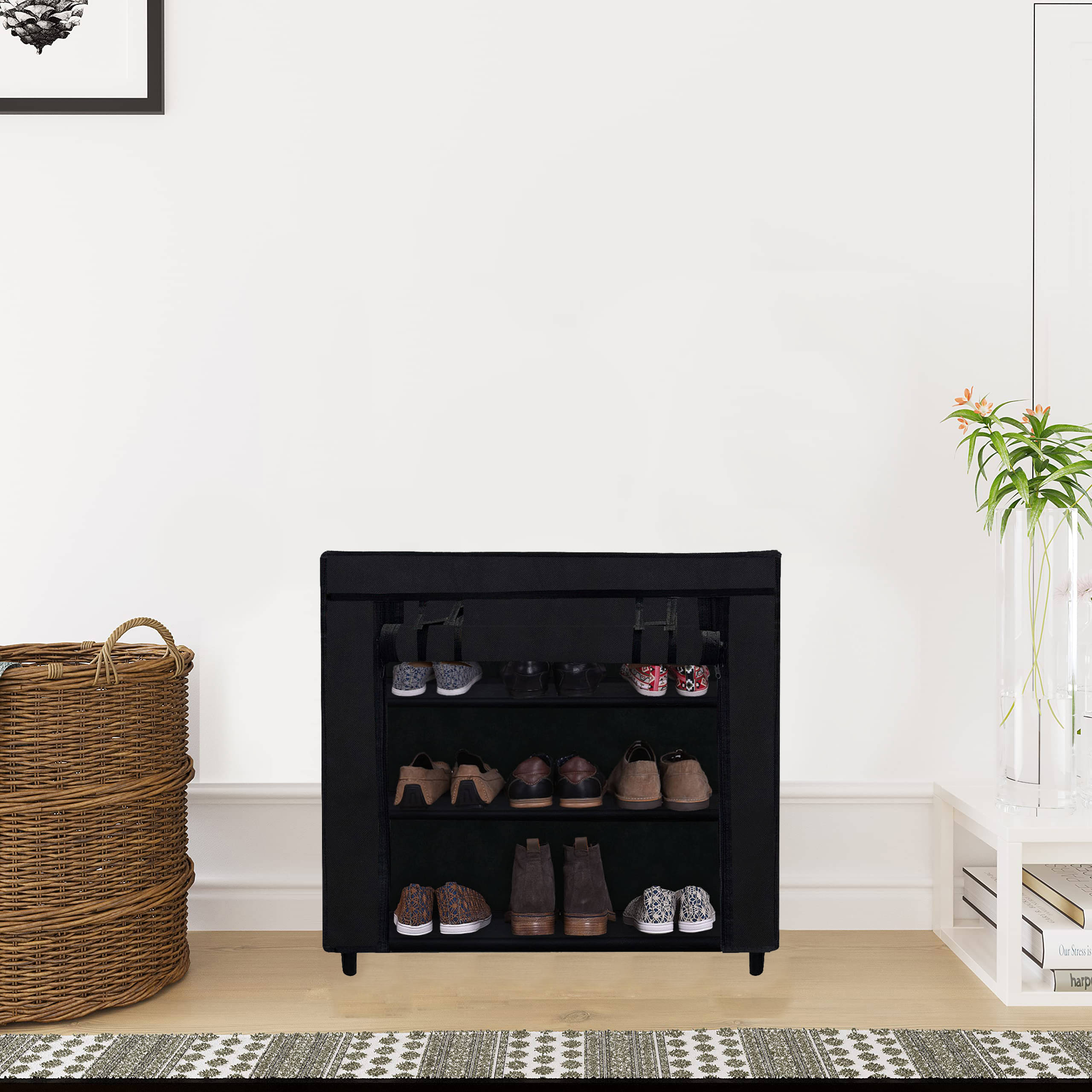     			Shoe Rack with Fabric Shelves & Pipes – 3-Tier Black Closet Organizer