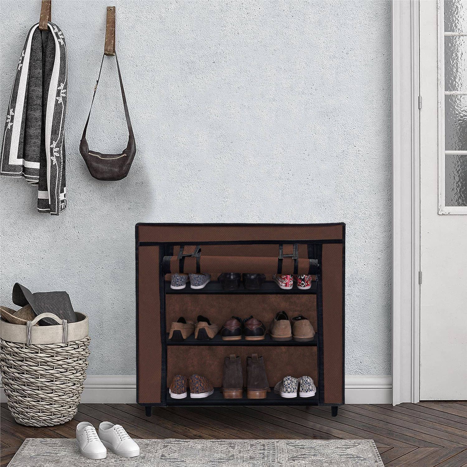     			Shoe Rack with Fabric Shelves & Pipes – 3-Tier Brown Closet Organizer