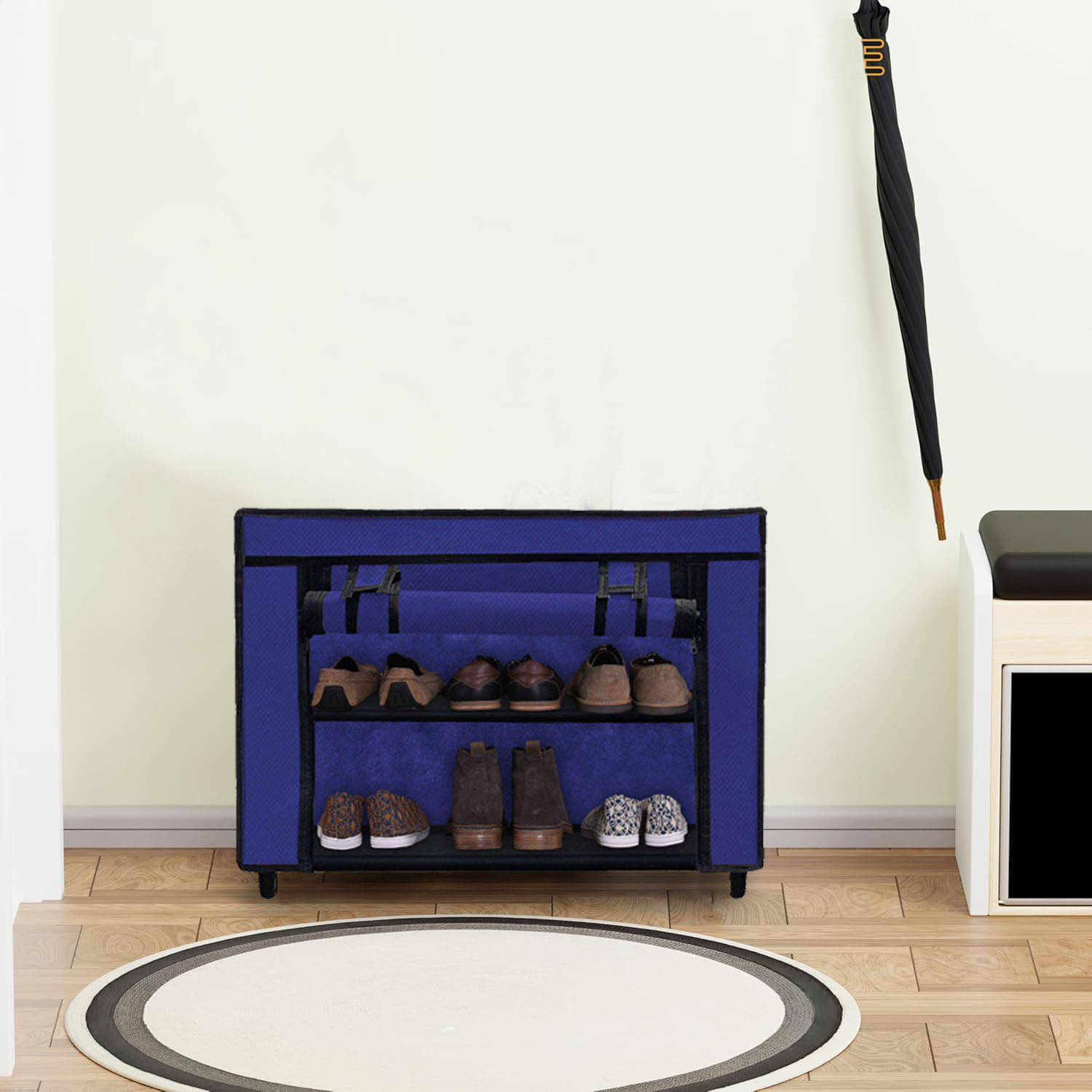     			Space-Saving Shoe Storage Rack –2-Tier Blue Metal Lightweight Frame