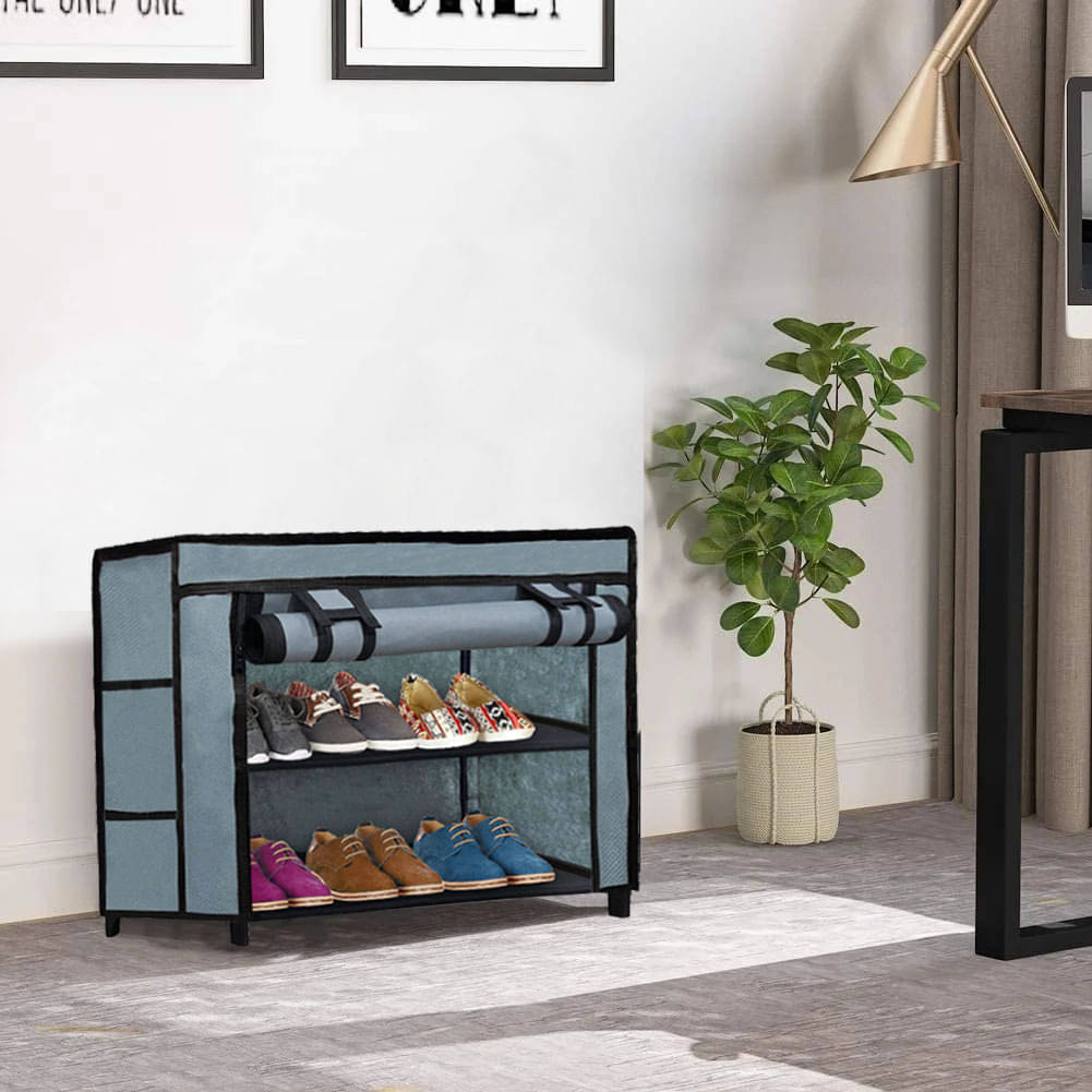     			Space-Saving Shoe Storage Rack –2-Tier Grey Metal Lightweight Frame