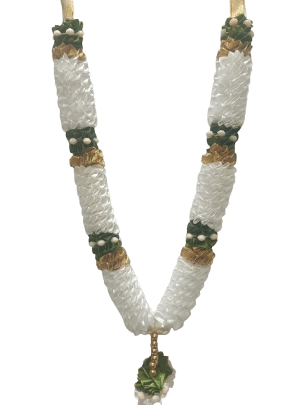 Sri Sainath Enterprises White with and Green Gold Flowers with Jasmine Flowers. LENGTH-12.5 INCHES Sri Sainath Enterprises White with and Green Gold Flowers with Jasmine Flowers. LENGTH-12.5 INCHES
