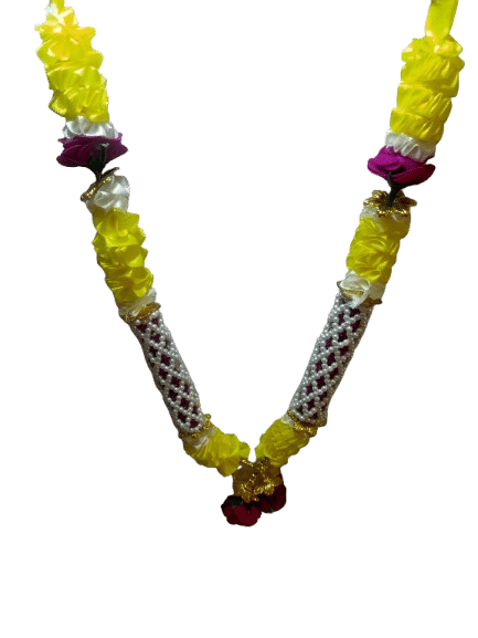 Sri Sainath Enterprises Yellow with Pearls Design and RED Flowers Artificial GARLND. LENGTH-12 INCHES Sri Sainath Enterprises Yellow with Pearls Design and RED Flowers Artificial GARLND. LENGTH-12 INCHES