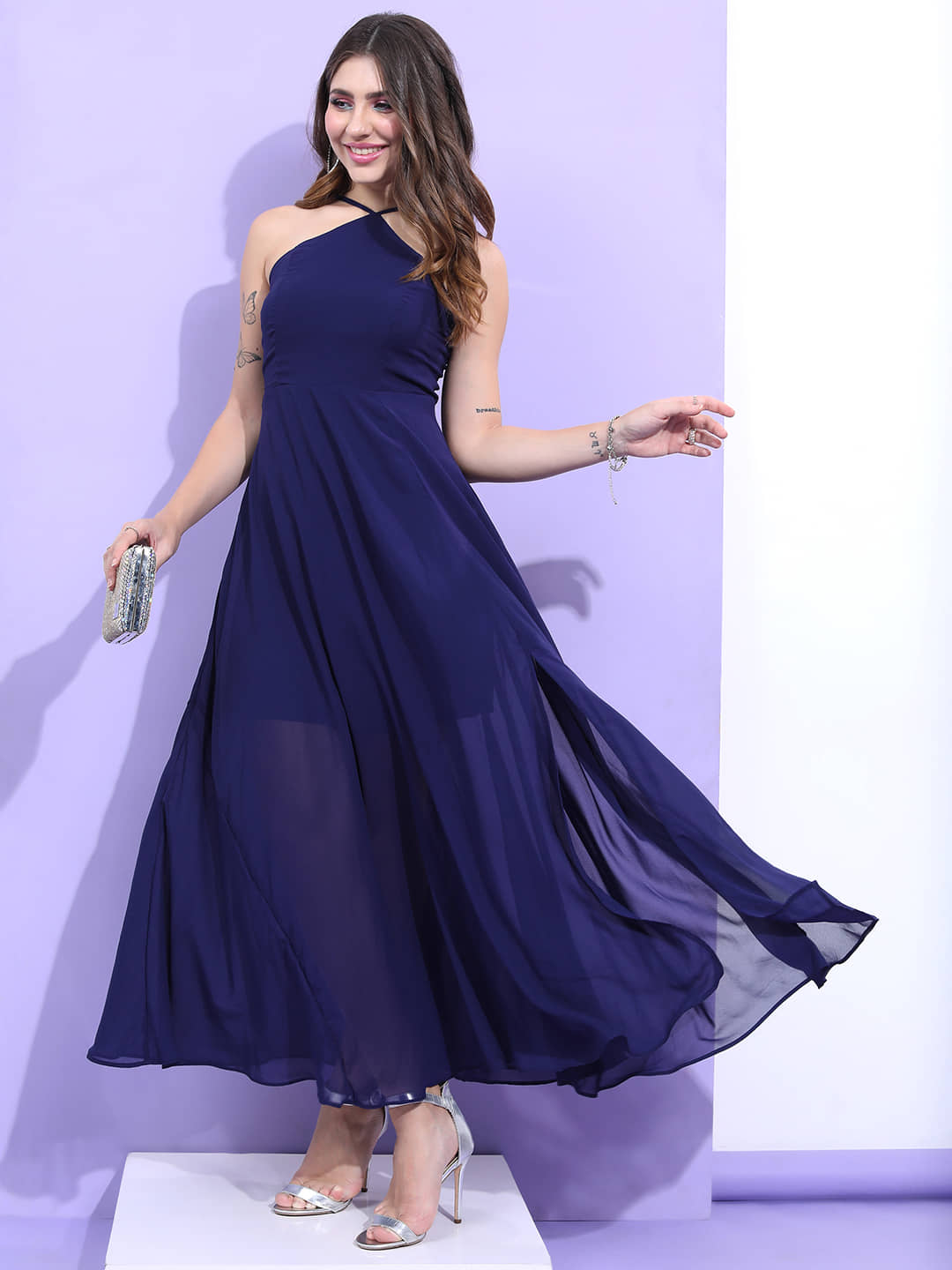 Tokyo Talkies Women Polyester Maxi ( Navy )