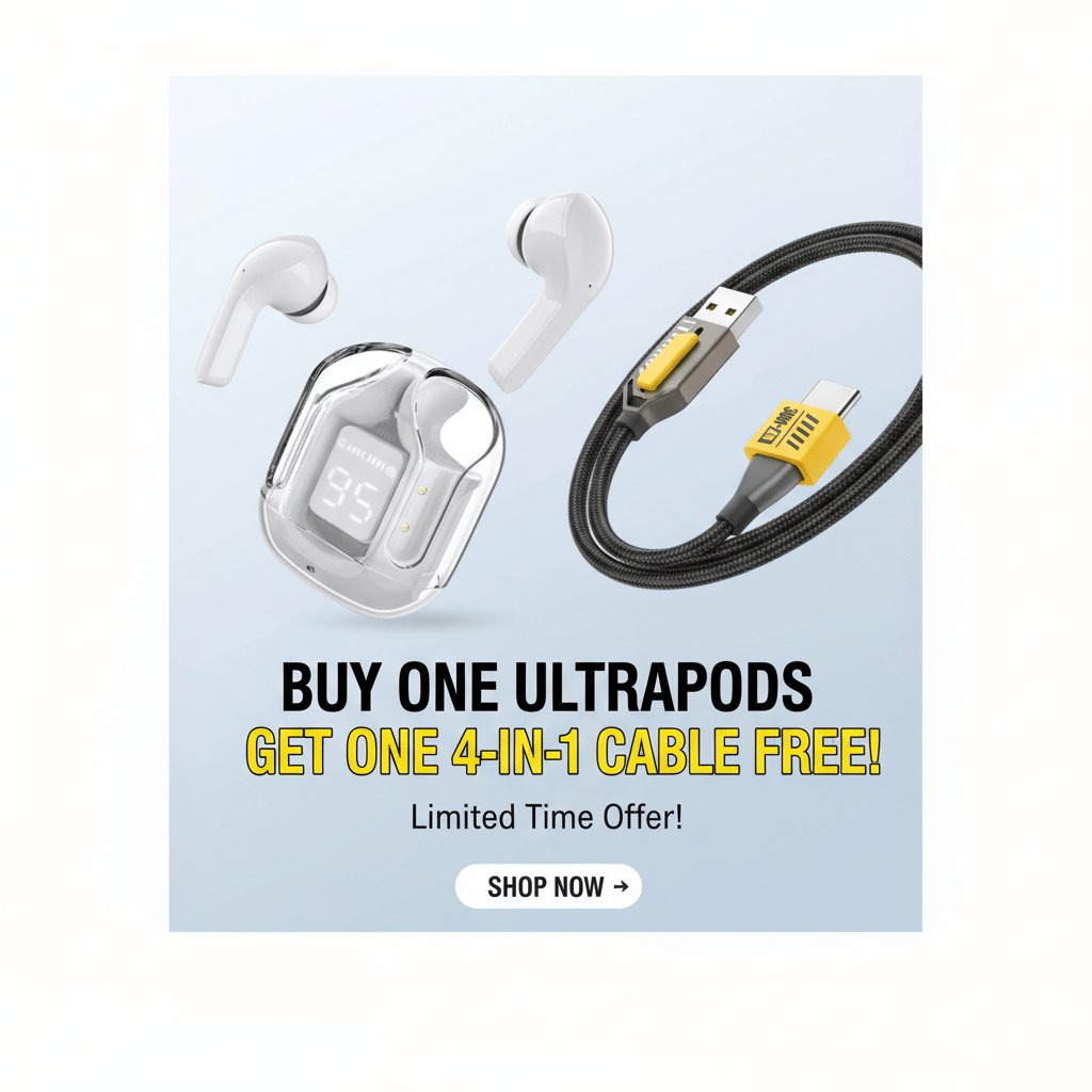     			Tws Ultrapods display bluetooth, Earbuds Pro + 4 in 1 data fast cable ,  Bluetooth Headphone + 4  in 1 charging cable