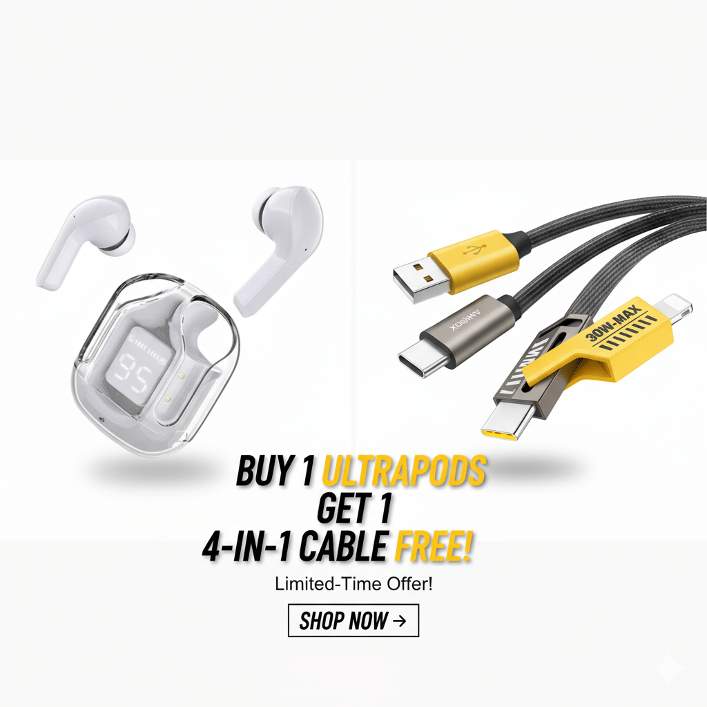     			Tws Ultrapods display bluetooth, Earbuds Pro + 4 in 1 data fast cable ,  Bluetooth Headphone + 4  in 1 charging cable