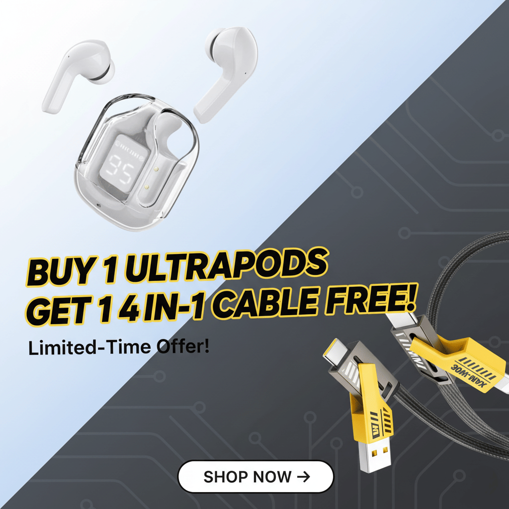     			Tws Ultrapods display bluetooth, Earbuds Pro + 4 in 1 data fast cable ,  Bluetooth Headphone + 4  in 1 charging cable