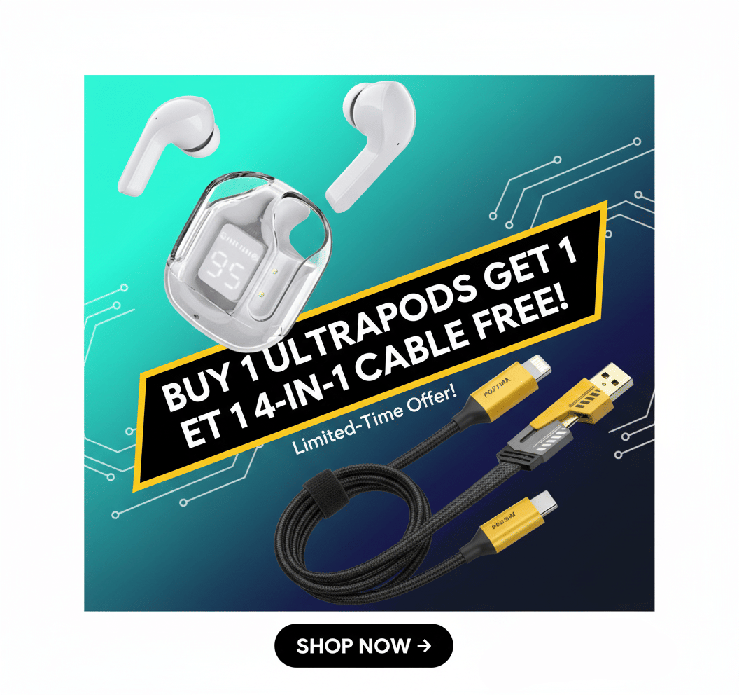     			Tws Ultrapods display bluetooth, Earbuds Pro + 4 in 1 data fast cable ,  Bluetooth Headphone + 4  in 1 charging cable