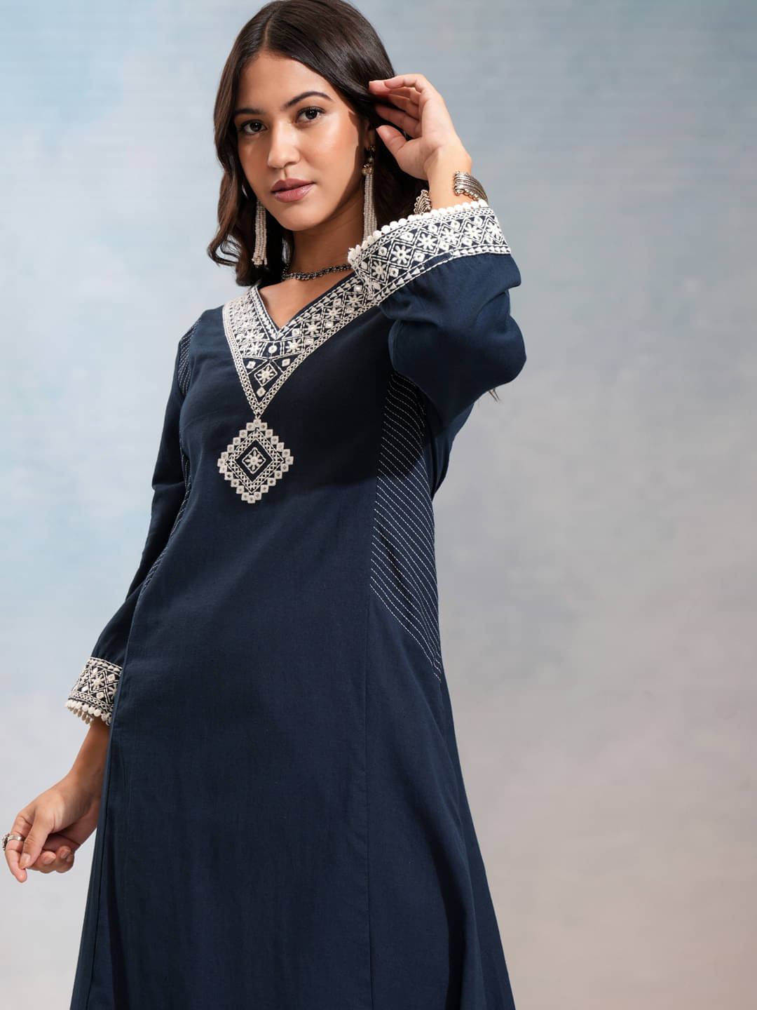 Vishudh Women Rayon Embroidered A-line Kurti With Pants ( Indigo ) Vishudh Women Rayon Embroidered A-line Kurti With Pants ( Indigo )