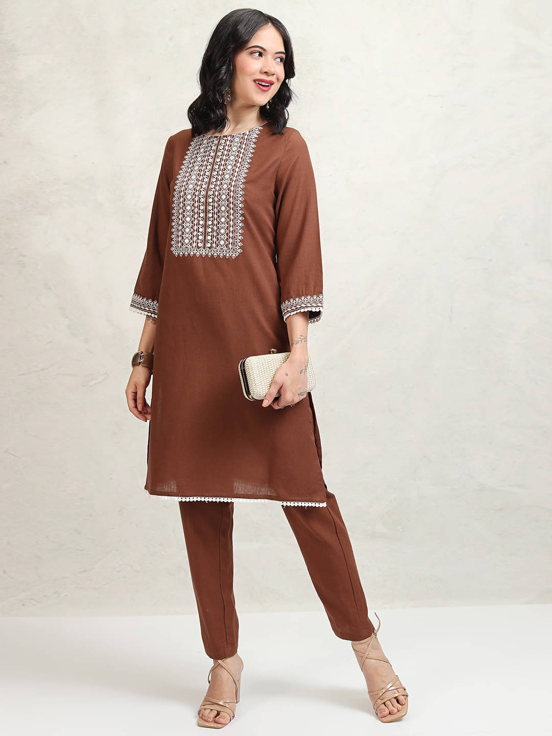     			Vishudh Women Rayon Embroidered Straight Kurti With Pants ( Brown )