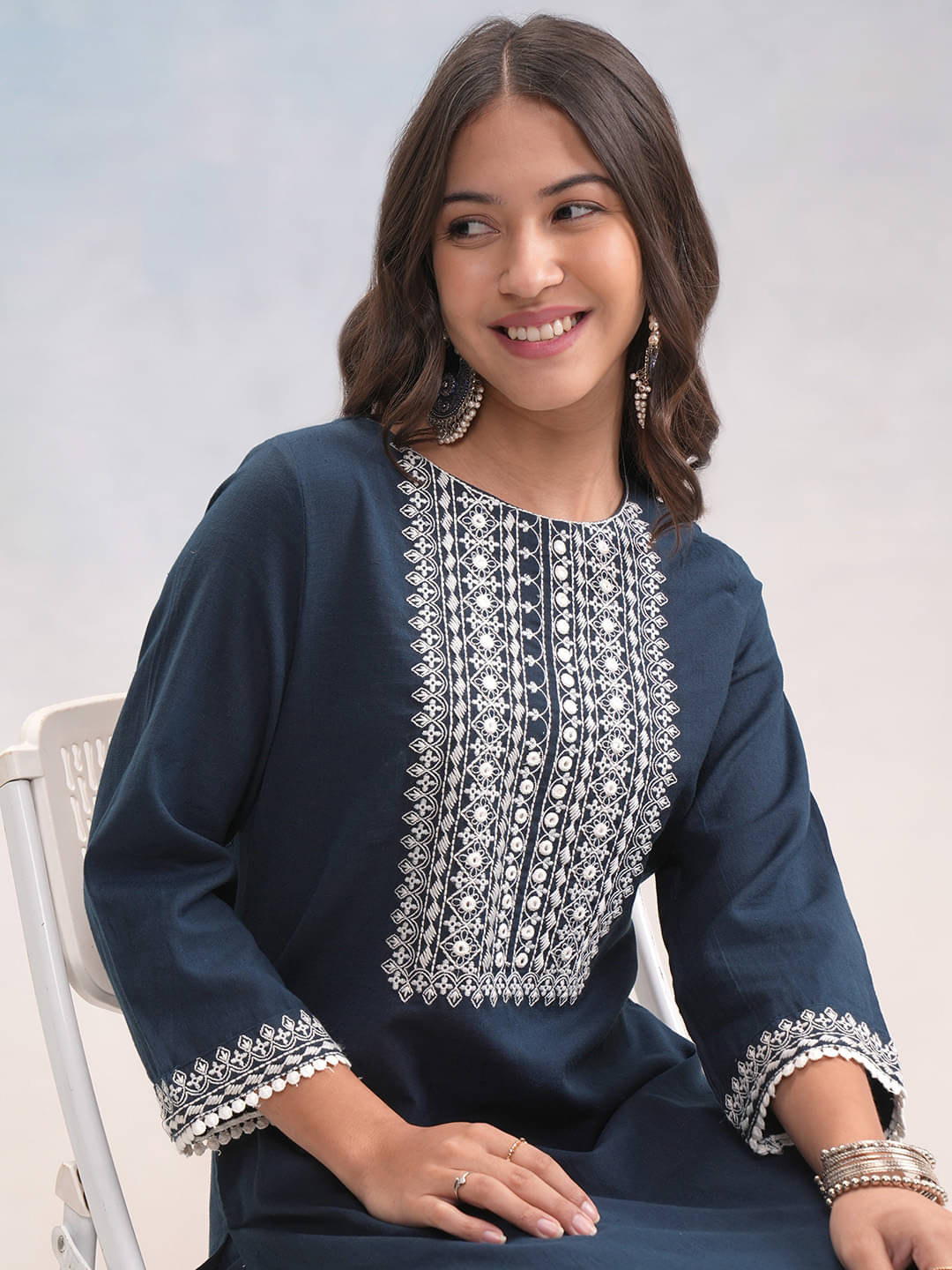 Vishudh Women Rayon Embroidered Straight Kurti With Pants ( Indigo )     			Vishudh Women Rayon Embroidered Straight Kurti With Pants ( Indigo )