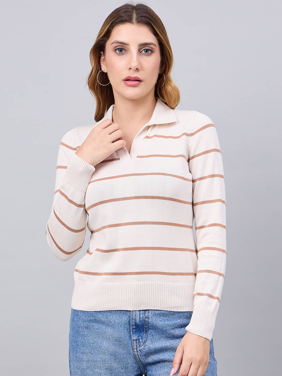 98 Degree North Women Cotton Shirt Collar Sweater ( Off White )     			98 Degree North Women Cotton Shirt Collar Sweater ( Off White )