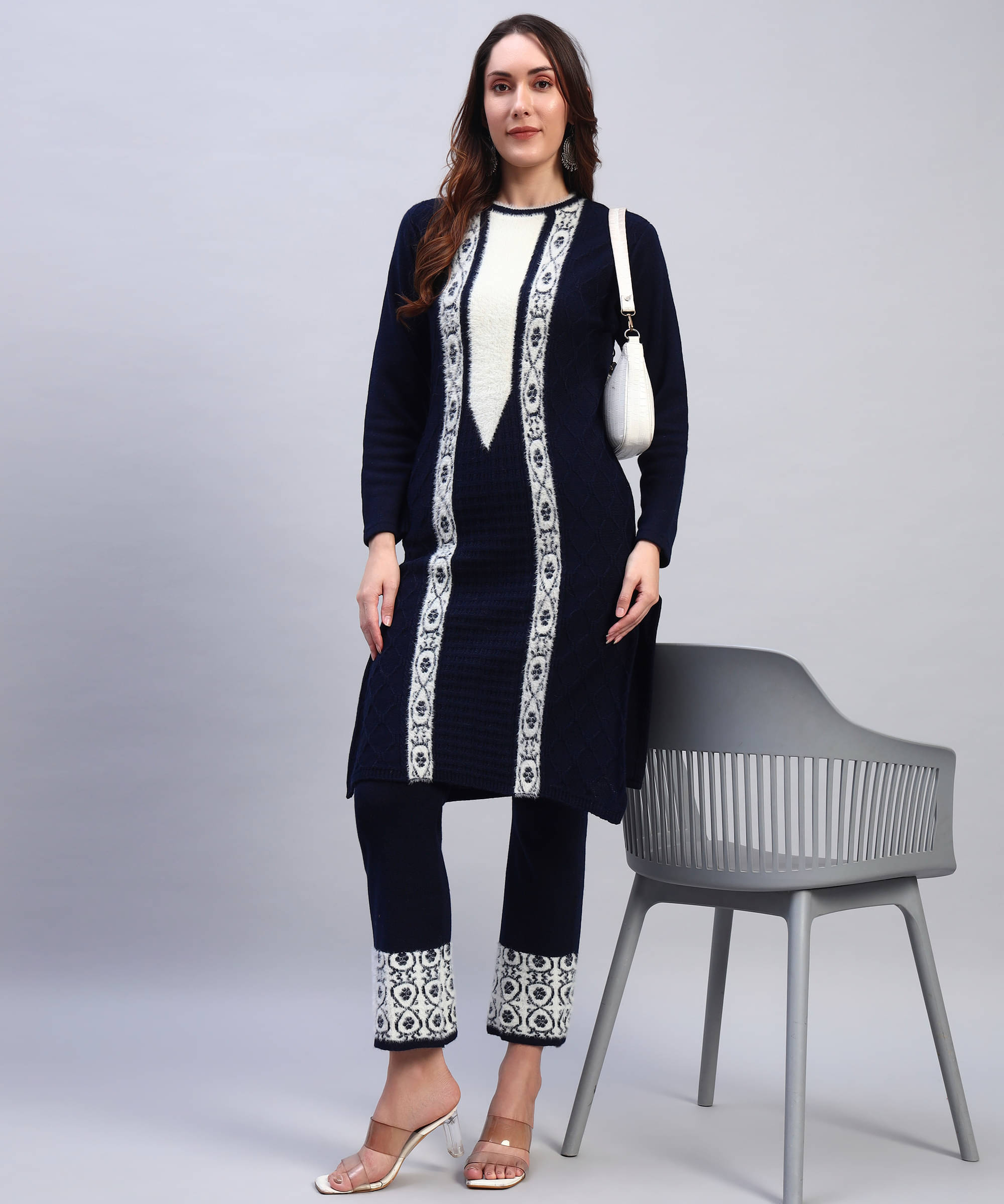 DUCOHIVE Women Woollen Self Design Straight Kurti With Palazzo ( Navy ) DUCOHIVE Women Woollen Self Design Straight Kurti With Palazzo ( Navy )