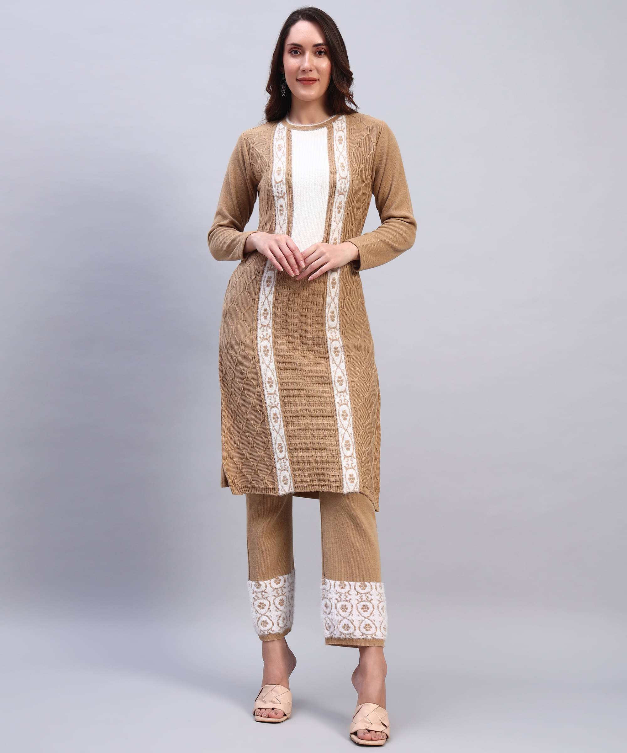 DUCOHIVE Women Woollen Self Design Straight Kurti With Palazzo ( Cream ) DUCOHIVE Women Woollen Self Design Straight Kurti With Palazzo ( Cream )
