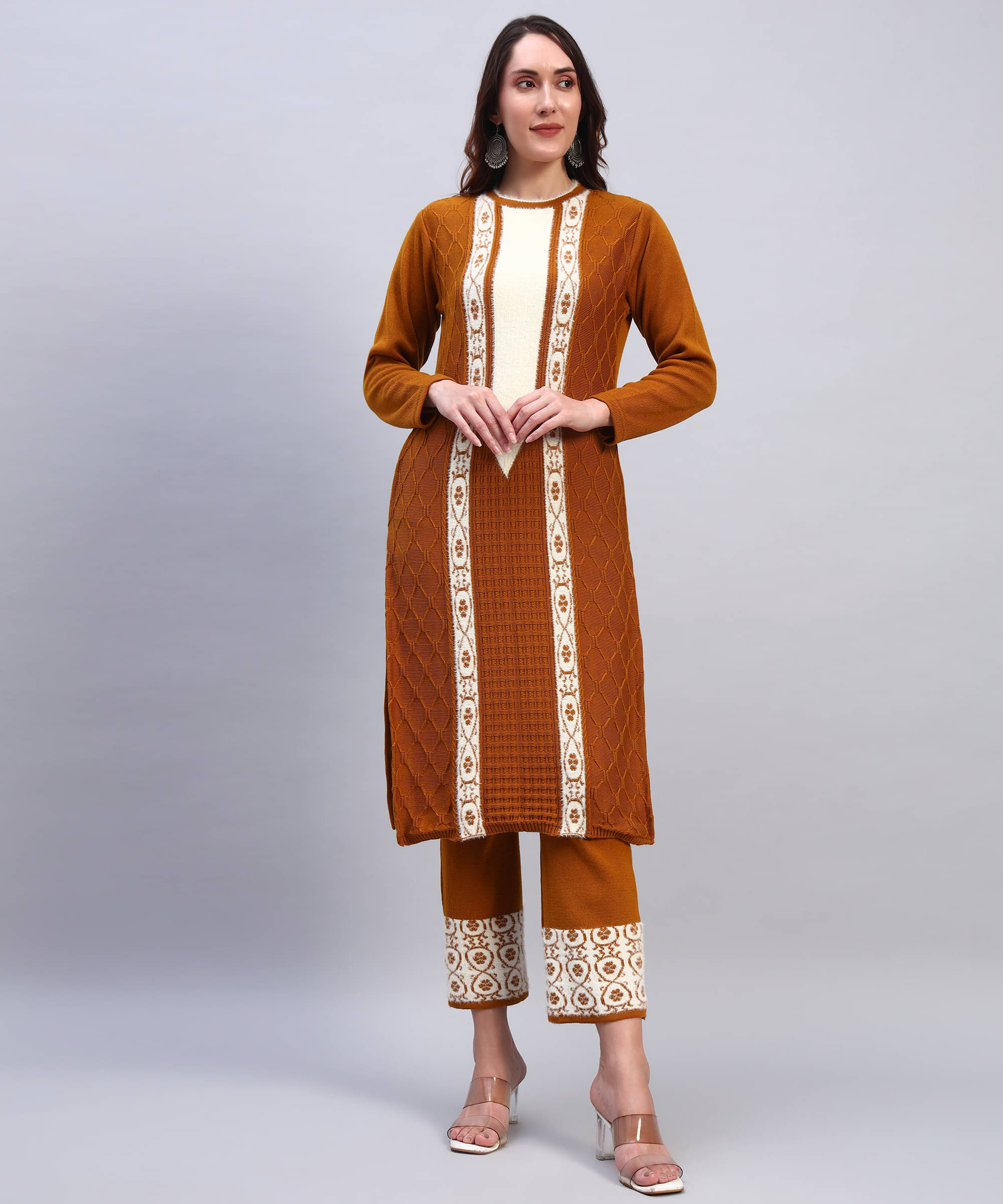     			DUCOHIVE Women Woollen Self Design Straight Kurti With Palazzo ( Mustard )